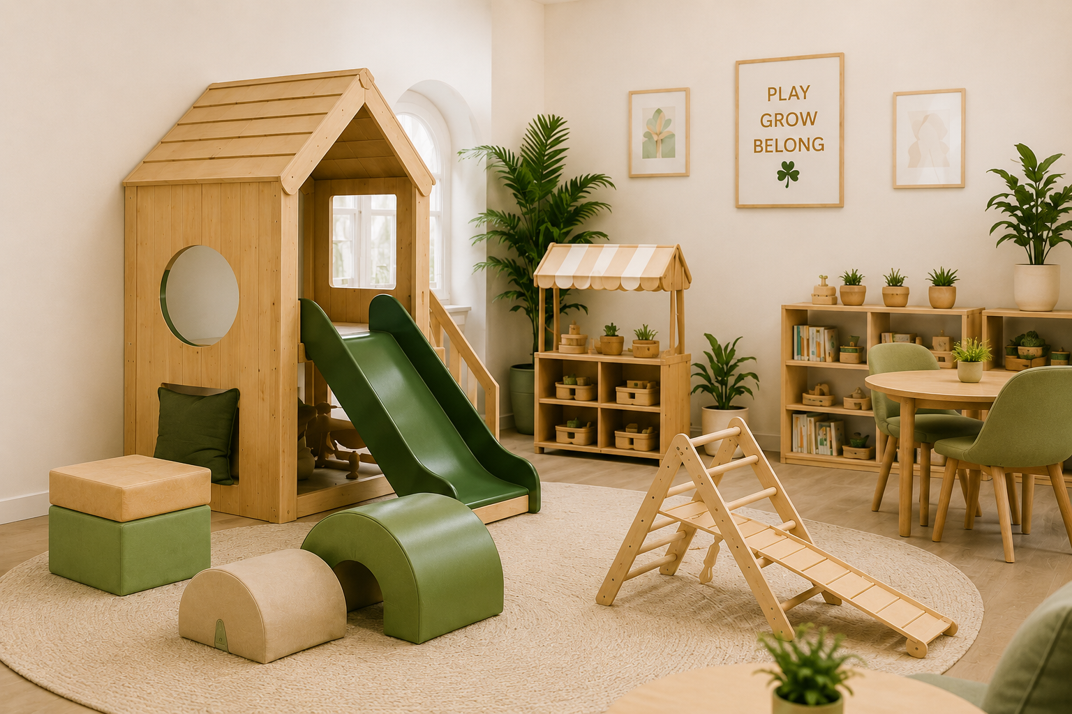 Bright, welcoming playroom interior with wooden play structures, soft green cushions, and natural Montessori-inspired toys